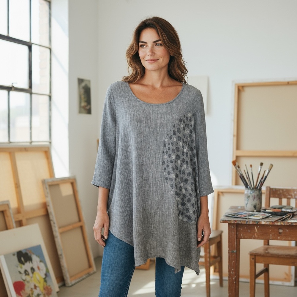 Women's Grey Scoop-Neck Tunic with Subtle Spot Panel